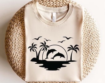 Dolphin Palm Tree Sunset SVG PNG, Beach Scene Svg, Sunset Beach Svg, Beach Life Svg, Island Palm Tree Svg, Tropical Island Svg Cut File