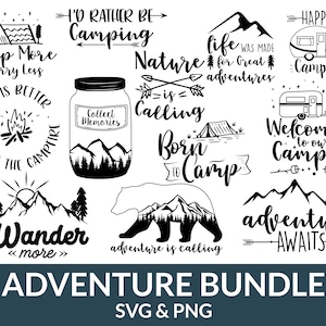 Puede incluir: Un conjunto de 10 descargas digitales SVG y PNG en blanco y negro con temática de camping. Los diseños incluyen frases como "Camp More Worry Less", "I'd Rather Be Camping", "Nature is Calling", "Born to Camp", "Life is Better Around the Campfire", "Adventure Awaits", "Welcome to Our Camper", "Happy Camper", "Collect Memories", y "Wander More".