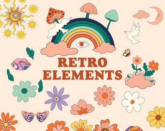 May include: A collection of retro-style illustrations featuring a rainbow, clouds, flowers, mushrooms, a sun, a moon, a butterfly, birds, and a pair of sunglasses. The text "RETRO ELEMENTS" is in the center of the image.