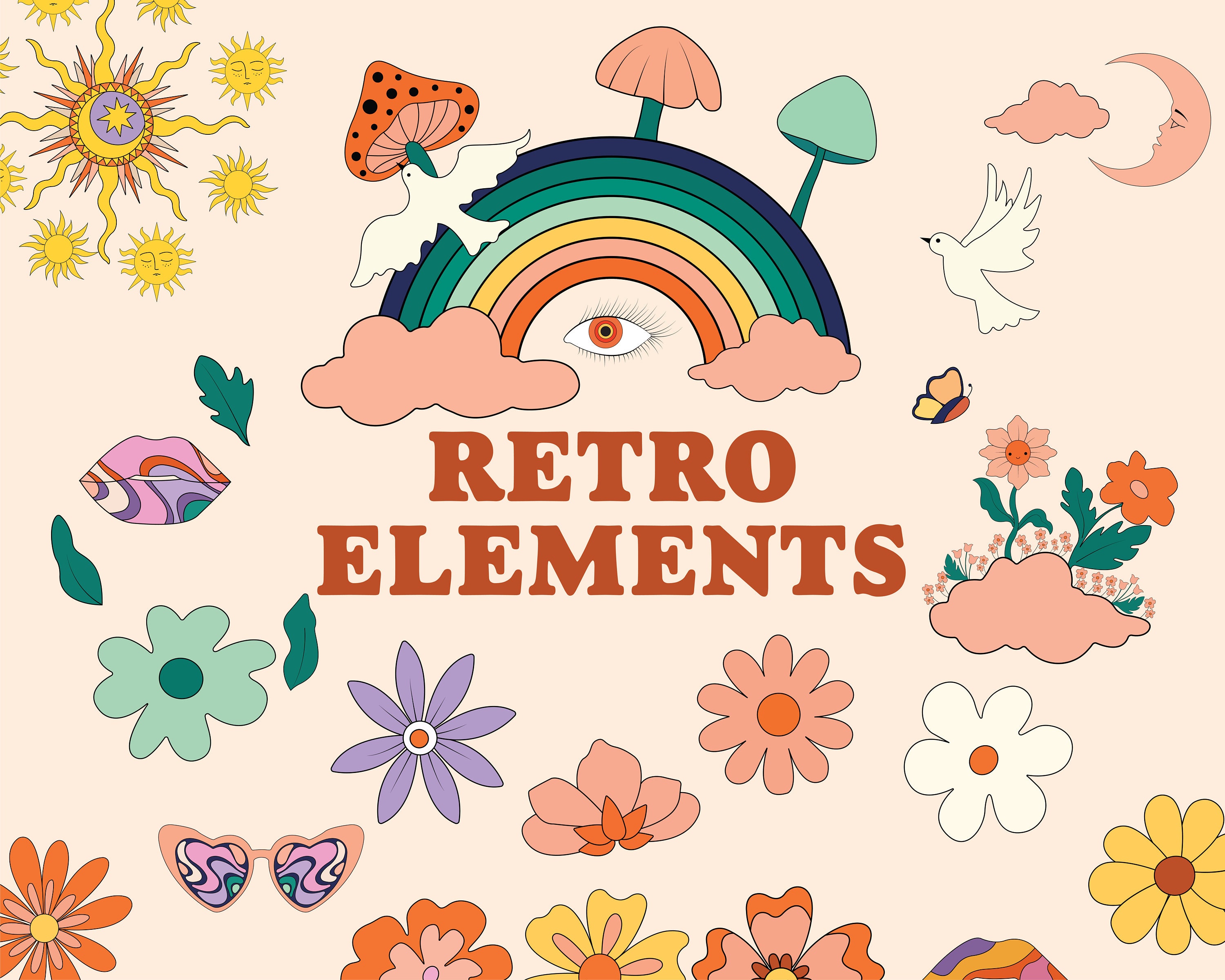 Retro 70s Graphic Elements, Hippie Digital Clipart Retro Set 70’s ...