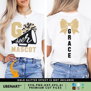 White t-shirt with 'Go Cheer Mascot' on the front and a gold bow with 'Grace' on the back. Modeled to show both sides
