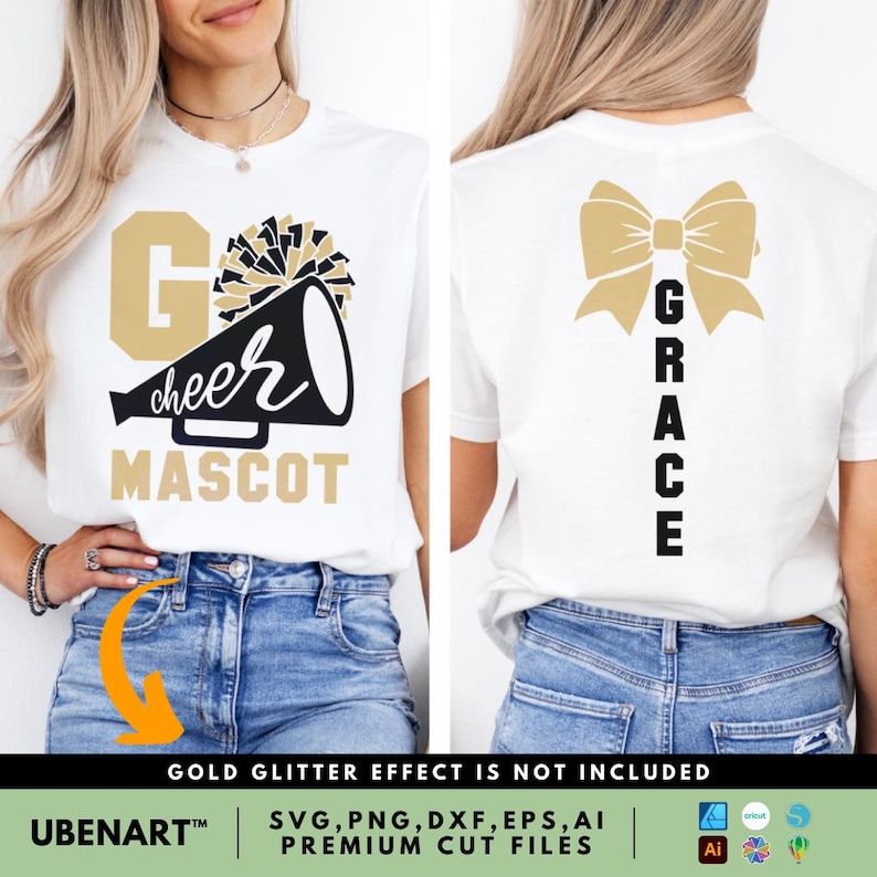 White t-shirt with 'Go Cheer Mascot' on the front and a gold bow with 'Grace' on the back. Modeled to show both sides