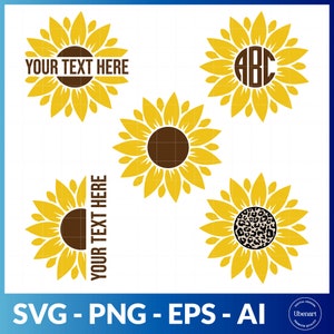 Op de afbeelding: Set van vier SVG-snijbestanden voor zonnebloemen. Elke zonnebloem heeft een ander ontwerp in het midden: een lege ruimte voor tekst, een monogram, een effen bruine cirkel en een luipaardprint.