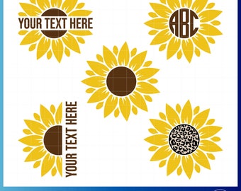 May include: Set of four sunflower SVG cut files. Each sunflower has a different design in the center: a blank space for text, a monogram, a solid brown circle, and a leopard print pattern.