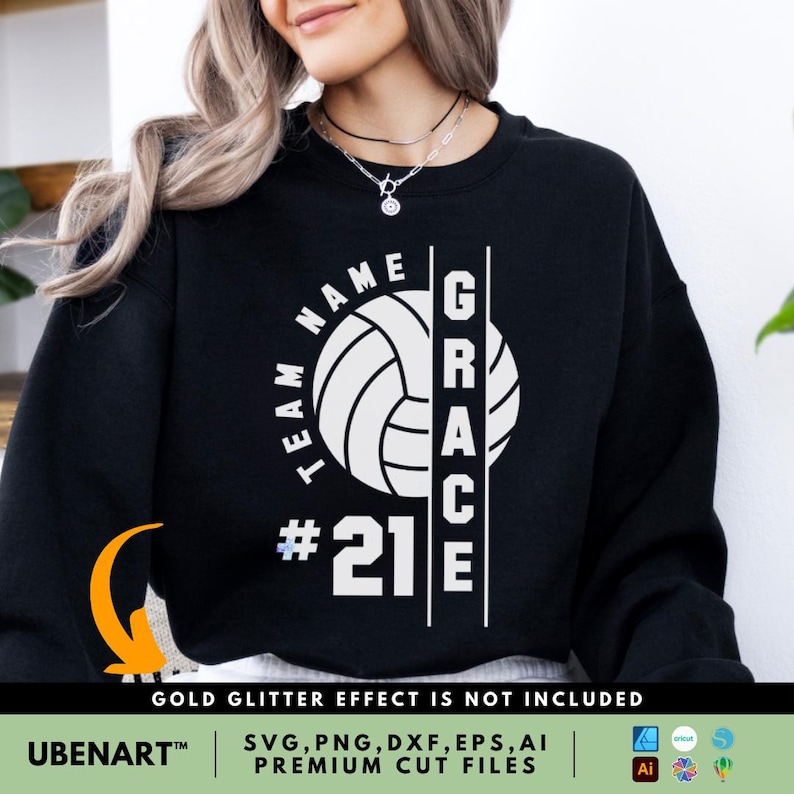 A black sweatshirt featuring a volleyball-themed design, including "Team Name" curving around a volleyball graphic, "Grace" in vertical text, and player number "#21" in bold white for personalized sportswear