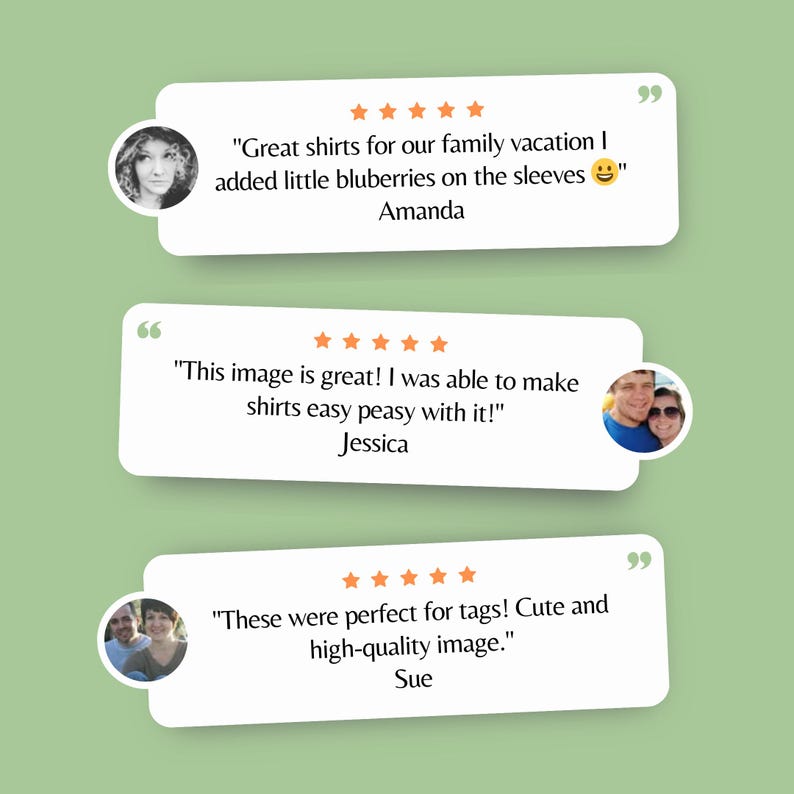 May include: A light green background with three white speech bubbles containing customer reviews. The reviews include text about shirts, tags, and image quality. Each bubble has a photo and star rating.