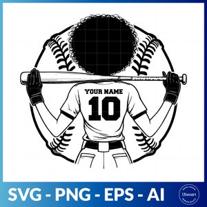 Può includere: Illustrazione in bianco e nero di una persona con un afro che indossa una divisa da baseball con il numero 10 sul retro. La persona tiene una mazza da baseball sulla spalla e si trova davanti a una palla da baseball.