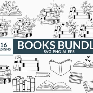 May include: A set of 16 black and white book illustrations, including stacks of books, open books, and books with floral accents. The text "16 DESIGNS" and "BOOKS BUNDLE SVG PNG AI EPS" is included in the image.
