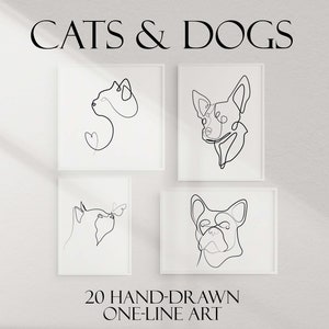 One Line Dogs and Cats Drawing, Pets Line Art Illustration Svg, Dog Breeds Line Art Drawing, Cat Portrait Line Art