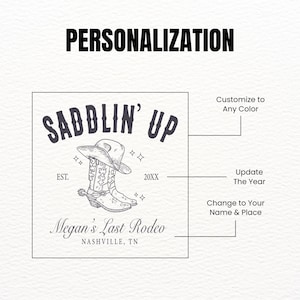 May include: A monochrome graphic design with the word "PERSONALIZATION" at the top. The design features a cowboy hat and boot with the words "SADDLIN' UP" above. Below the image is the text "Megan's Last Rodeo, Nashville, TN."