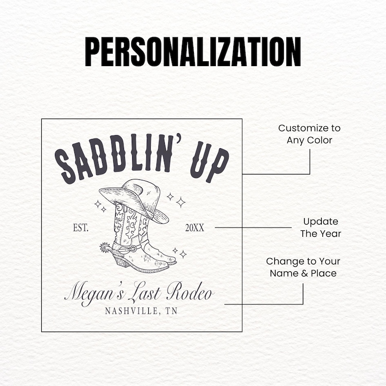 May include: A monochrome graphic design with the word "PERSONALIZATION" at the top. The design features a cowboy hat and boot with the words "SADDLIN' UP" above. Below the image is the text "Megan's Last Rodeo, Nashville, TN."