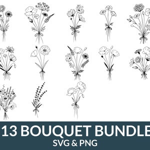 buquê svg png pacote, flores svg png, flores silvestres desenhadas à mão svg, buquê floral minimalista svg, plantas de campo svg