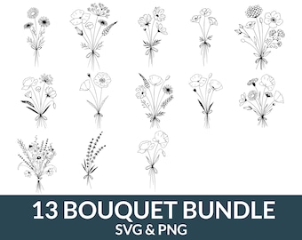 bouquet svg png bundle, flowers svg png, hand drawn wildflowers svg, minimalist floral bouquet svg, field plants svg