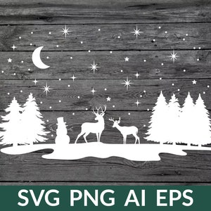 Winter Scene SVG Cut File For Cricut, Winter Deer Scene Svg, Snowy Woods Svg, Pine Trees Svg, Snowy Forest Svg, Snow Scene Svg, Png, Eps