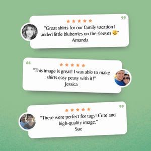 May include: Image showing three white speech bubbles with customer reviews. Each review includes a profile picture and star ratings. The reviews mention shirts, tags, and a high-quality image.
