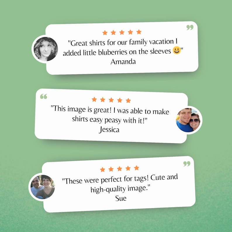 May include: Image showing three white speech bubbles with customer reviews. Each review includes a profile picture and star ratings. The reviews mention shirts, tags, and a high-quality image.
