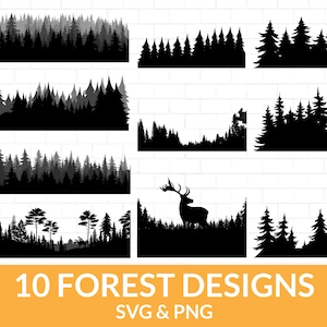 May include: Ten black and white silhouette designs of forest scenes. The designs include various tree shapes and sizes, with some featuring a deer silhouette. The text "10 FOREST DESIGNS" and "SVG & PNG" is at the bottom of the image.