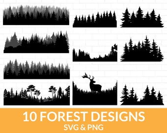 May include: Ten black and white silhouette designs of forest scenes. The designs include various tree shapes and sizes, with some featuring a deer silhouette. The text "10 FOREST DESIGNS" and "SVG & PNG" is at the bottom of the image.