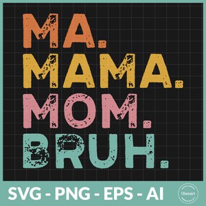 Pode incluir: Um design gráfico com o texto "MA. MAMA. MOM. BRUH." em estilo retrô com um visual desgastado e texturizado. O texto está em diferentes cores, incluindo laranja, amarelo, rosa e turquesa. O design está sobre um fundo preto.