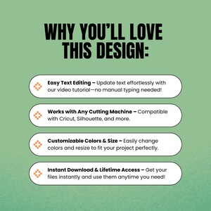 May include: A graphic on a green background with the text "WHY YOU'LL LOVE THIS DESIGN:" and four features: easy text editing, compatibility with cutting machines, customizable colours and size, and instant download with lifetime access.