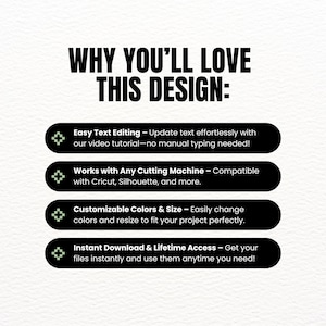 May include: White background with black text that reads "WHY YOU'LL LOVE THIS DESIGN:". Below are four black ovals with white text describing features like easy text editing, compatibility with cutting machines, customizable colors and size, and instant download.