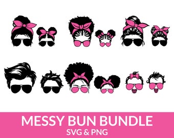 May include: A set of 10 SVG and PNG digital files featuring messy bun hairstyles with sunglasses. The designs include adults and children with different hair styles and colors. The text "MESSY BUN BUNDLE SVG & PNG" is at the bottom of the image.