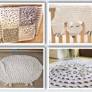 May include: A collection of handmade crochet items. Includes a square blanket with four panels of varying neutral colors, a white polar bear blanket, a white sheep rug, and a white circular lace-patterned rug. All items are made of soft yarn.