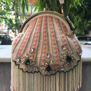 Pearl emerald potli bag,luxury bag,batua bag,ivory clutch,party clutch,bridal clutch,wedding gift,indian accessory,gifts for her,elegant bag