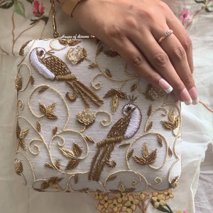 Bolso de mano blanco, pájaros bordados, bolso de mano de fiesta, bolso de mano de regalo, bolso de mano de noche, carteras para mujeres, accesorio indio, regalo de boda, bordado