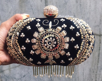 Golden embroidered clutch,bride gift,indian wedding accessory, gifts for her,evening clutch,mom gift,south Asian gifts,fashionable clutch