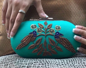 Peacock clutch, teal clutch, Indiase bruiloft accessoire, handgemaakte clutch, party bag, avond clutch, huwelijkscadeau, geborduurde clutch, bruid cadeau