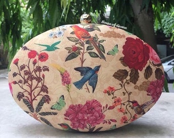 Floral printed oval clutch,quirky clutch bag,girlfriend gift,gifts for her,bridesmaid gift,birds print clutch,everyday bag,multicoloured bag