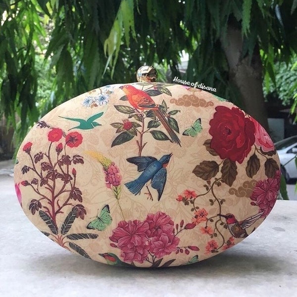 Floral printed oval clutch,quirky clutch bag,girlfriend gift,gifts for her,bridesmaid gift,birds print clutch,everyday bag,multicoloured bag