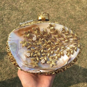 Golden metal clutch,Mother of pearl clutch,Seashell clutch,luxury bag,designer bag,gifts for her,evening clutch,South Asian gifts,bride gift