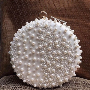 Cartera de mano redonda con perlas, bolsos de mano para mujer, bolso con perlas, cartera de mano color marfil, regalo de boda, accesorio de boda indio, cartera de mano de noche, bolsos de fiesta