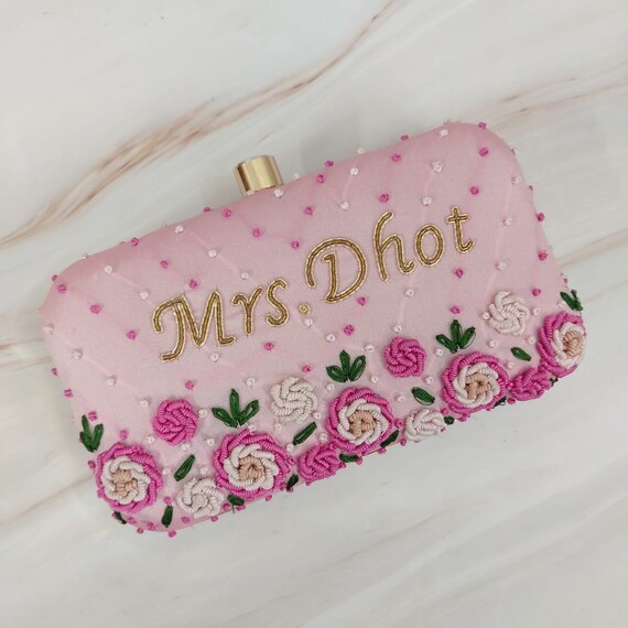 Customised clutch personalized clutch bag handmade gifts for mom bridesmaid gift monogram bag indian wedding gift embroidery clutch designer