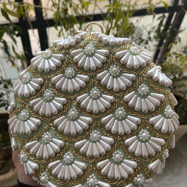 Pochette ronde artisanale en perles, pochette faite main, cadeaux pour elle, pochette de créateur, sac de luxe, cadeau de mariée, cadeau de mariage indien, cadeau maman, sac à main