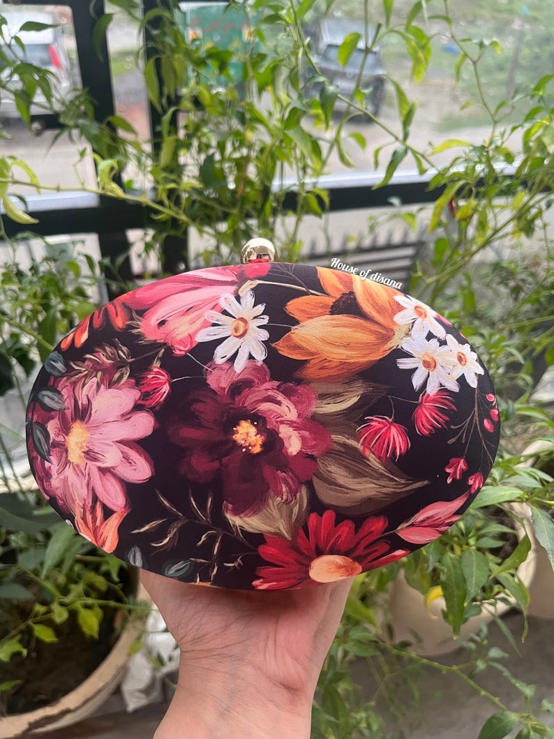 Floral printed oval clutch,quirky clutch bag,girlfriend gift,gifts for her,bridesmaid gift,flower clutch,everyday bag,multicoloured bag image 1