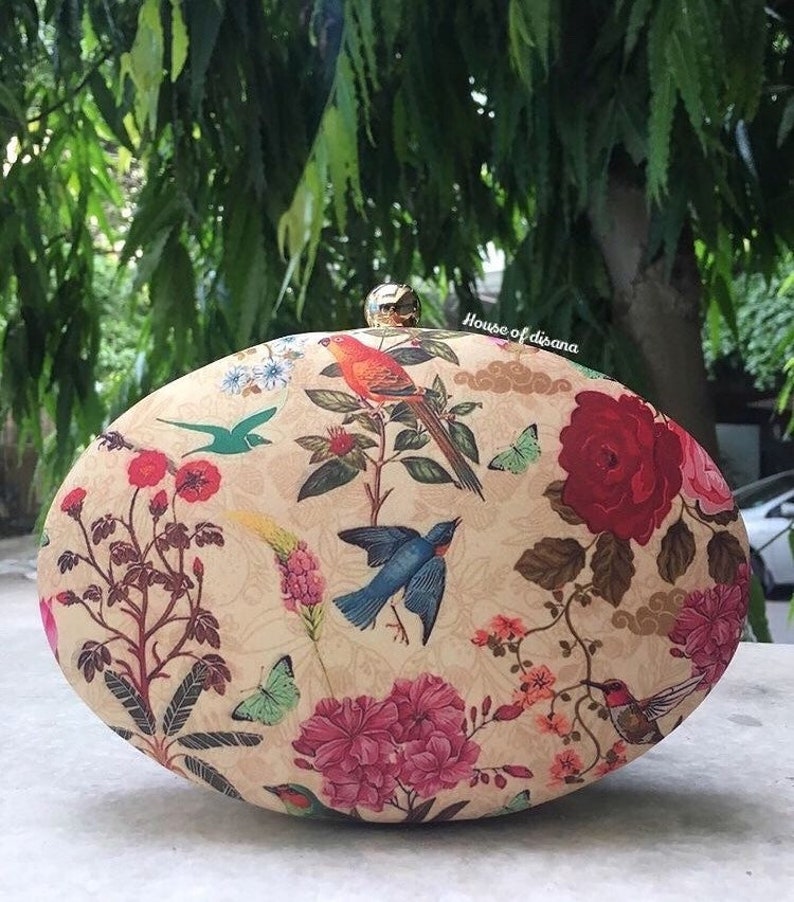 Floral printed oval clutch,quirky clutch bag,girlfriend gift,gifts for her,bridesmaid gift,birds print clutch,everyday bag,multicoloured bag image 1