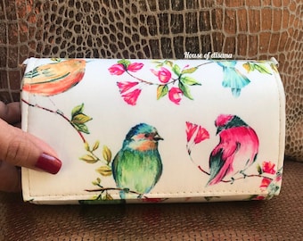 Tjilpende vogels print flap tas, modieuze tas, stoffen clutch, eigenzinnige clutch, boho tas, cadeaus voor haar, vriendin cadeau, bruidsmeisje cadeau, stijlvolle tas