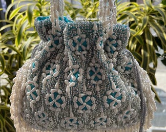Handmade Pearl Beaded Potli Bag, Indian Wedding Gift