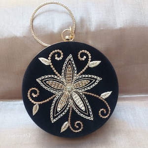 Cartera de mano con bordado redondo, bolso bordado, cartera de noche, regalo de novia, accesorio de boda indio, regalo hecho a mano, carteras para mujer, cartera de diseñador