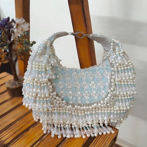 Bolso con gotas de perla, bolso de lujo, bolso hecho a mano, clutch color marfil, clutch de fiesta, bolso satchel bordado, regalo de boda indio, bolso de diseñador, regalo de novia
