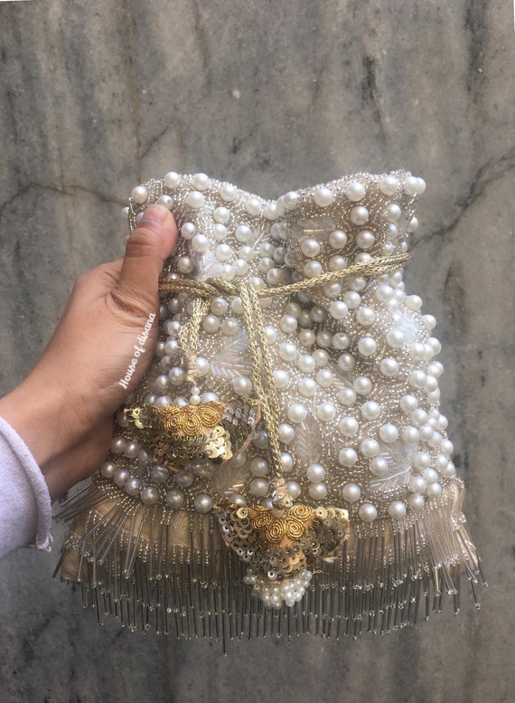 Silver Tassle Pearl Polti Bag bride Gift indian Wedding Accessory south Asian Gifts potli Pouch embroidered Clutch handmade Gift pearl Bag Etsy Ireland