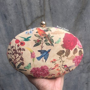Floral printed oval clutch,quirky clutch bag,girlfriend gift,gifts for her,bridesmaid gift,birds print clutch,everyday bag,multicoloured bag image 5