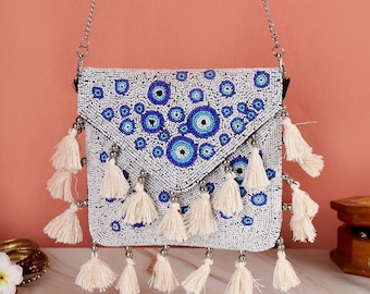 Blue beaded bohemian bag,Boho bag,Envelope bag,coin bag,handmade gift,banjara bag,gift for women,white crossbody bag,Indian embroidery bag