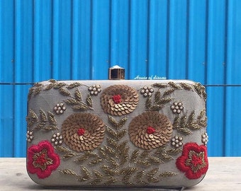 Clutch bordado floral, regalo de novia, accesorio de boda indio, regalos para ella, clutch de noche, regalo de mamá, regalos del sur de Asia, clutch de moda