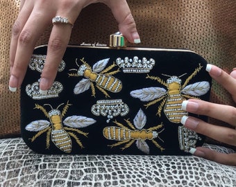 Queen bee clutch,luxury bag,indian wedding accessory,fashionable clutch,bride gift,south Asian gifts,designer bag,honeybee clutch,black bag