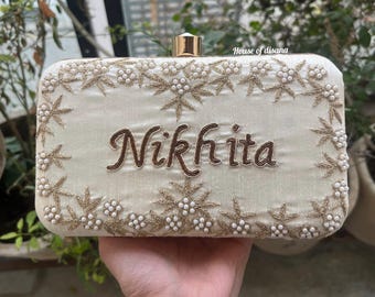 Bolso de mano bordado personalizado, regalo de boda indio, bolso con monograma hecho a mano