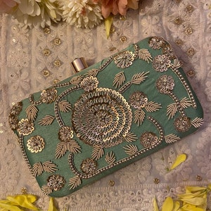 Green sequence clutch,blingy clutches,evening clutch,party bag,wedding gift,indian handmade gift,bride gift,embroidered clutch,designer bag